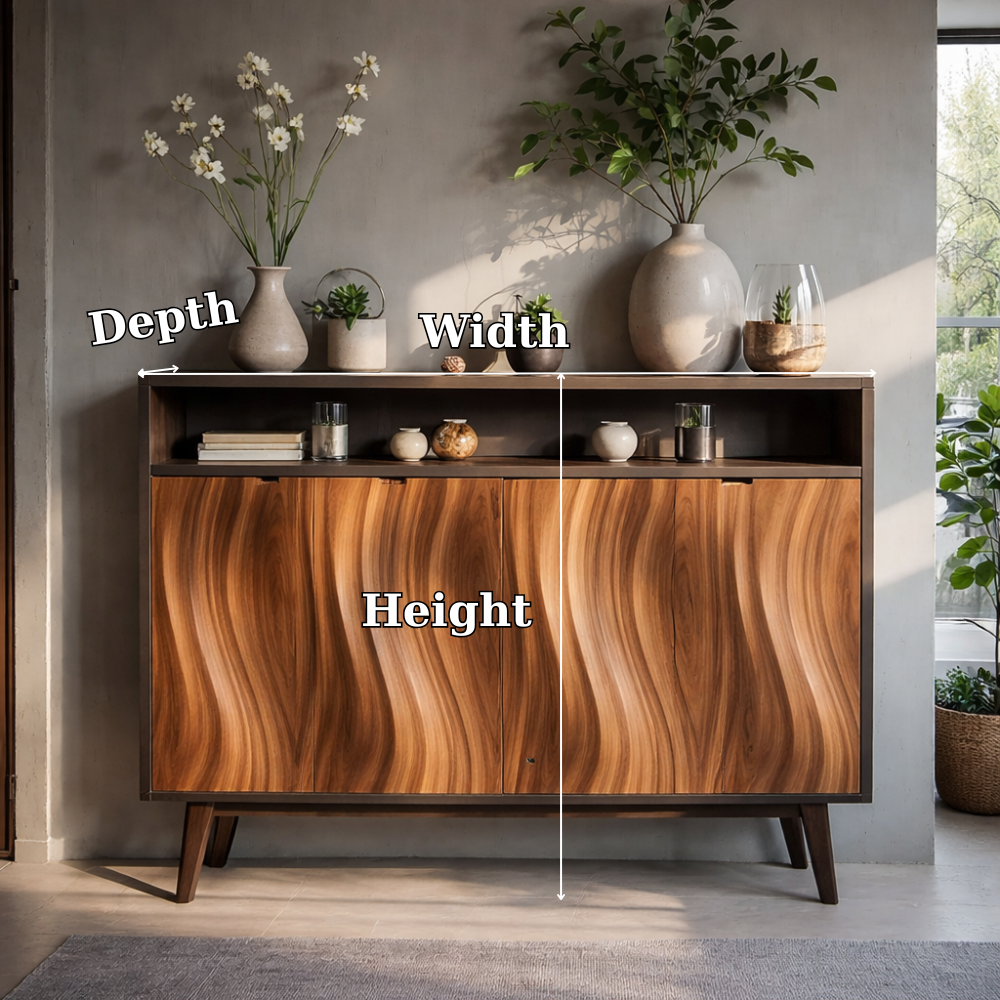 Modern Solid Wood Console Cabinet with Open Shelf and Sculpted Wood Doors
