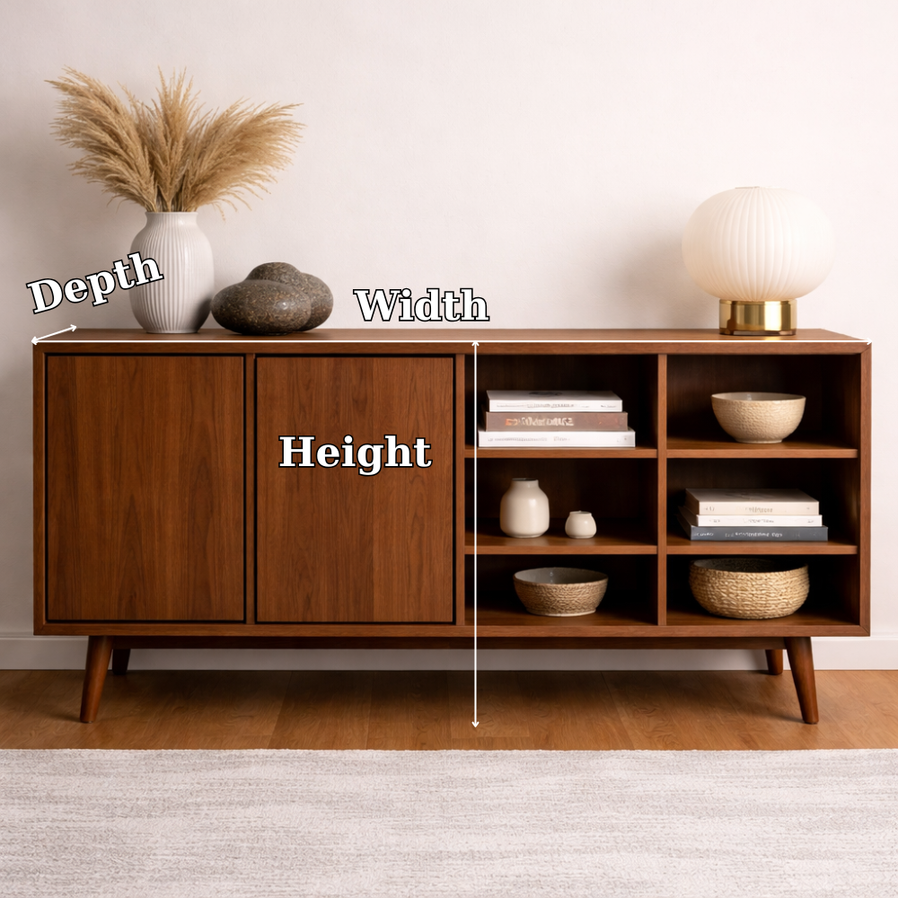 Modern Walnut Console Cabinet with Doors and Open Display Shelving