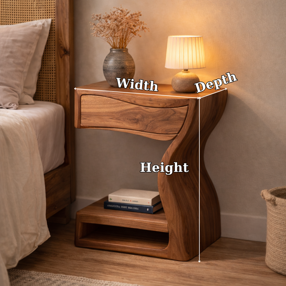 Solid Walnut Nightstand with Drawer and Shelf – Sculptural Curved Wood Bedside Table Kitchnce