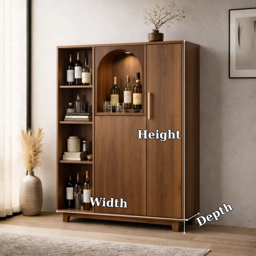 Solid Wood Bar Cabinet with Arched Display Niche and Open Wine Storage Shelf Kitchnce