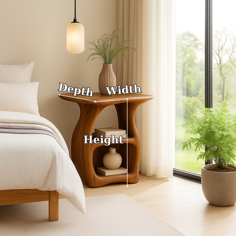 Handcrafted Solid Wood Nightstand – Modern Organic Bedside Table with Curved Open Shelves Kitchnce