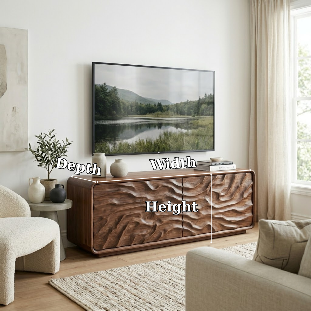 Solid Wood Media Console with Sculpted Doors, Modern TV Stand Cabinet with Storage