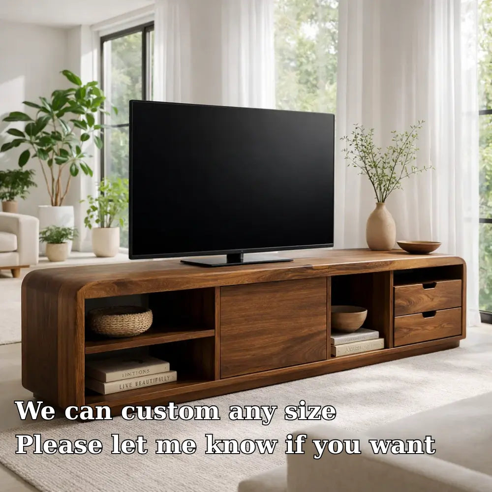Solid Wood TV Cabinet with Rounded Edges – Modern Walnut Media Console Kitchnce