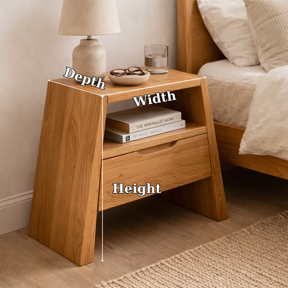 Solid Wood End Table with Drawer and Open Shelf – Modern Angled Bedside Table
