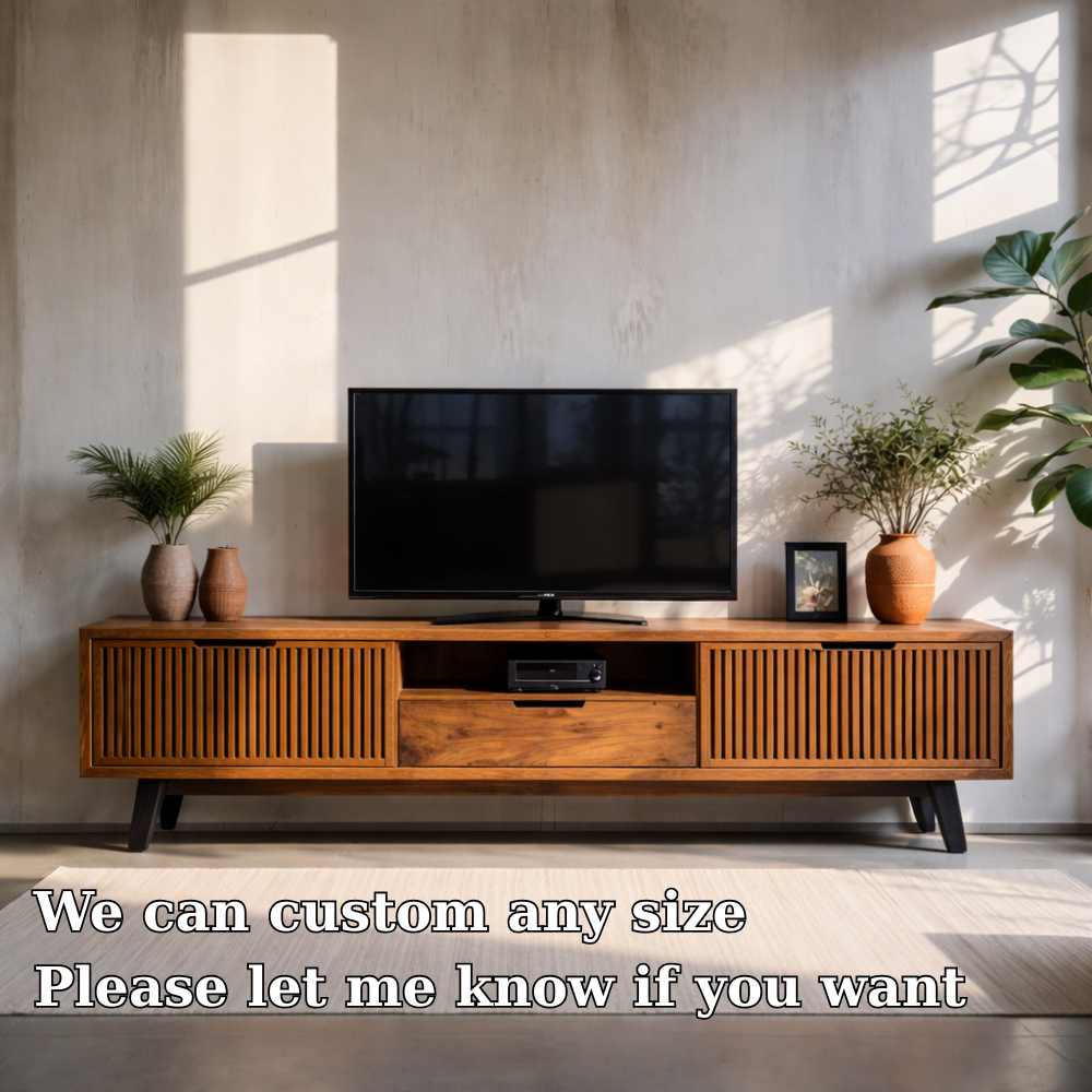 Solid Wood Media Console with Slatted Doors – Modern TV Stand with Storage