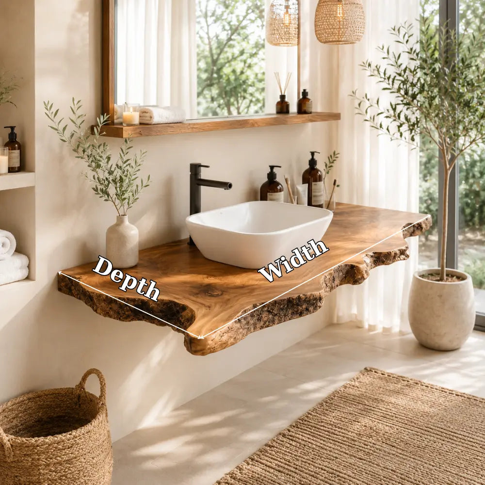 Bark Edge Floating Vanity Shelf | Natural Live Edge Solid Wood Bathroom Kitchnce
