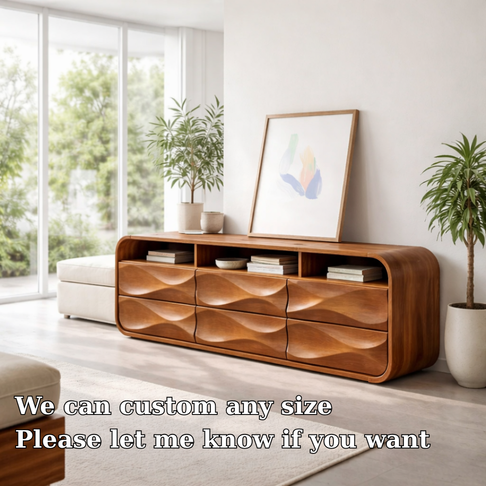 Modern Solid Wood Sideboard Cabinet with Sculpted Wave Drawers & Storage