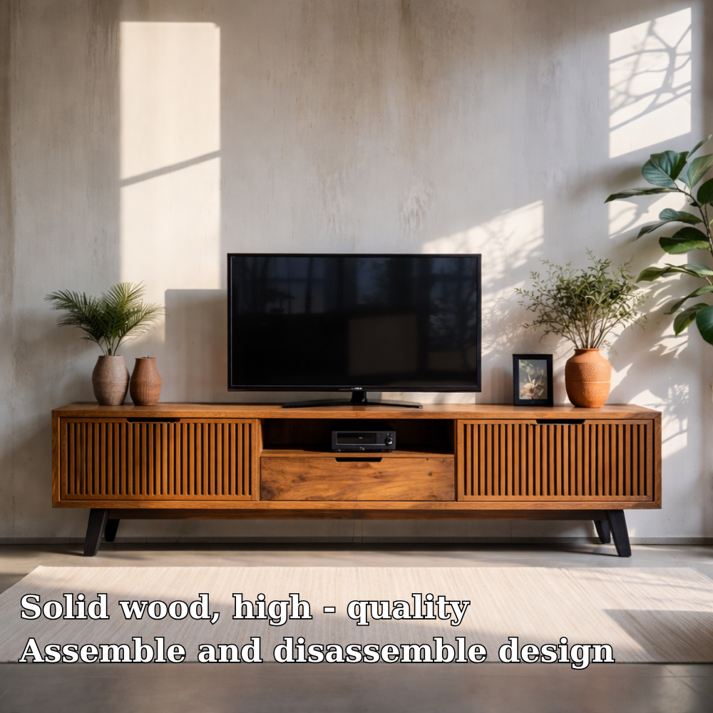 Solid Wood Media Console with Slatted Doors – Modern TV Stand with Storage