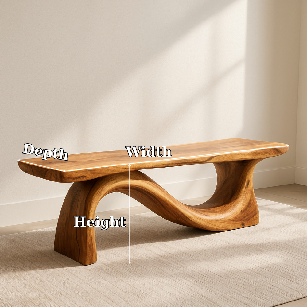 Handcrafted Solid Wood Bench – Sculptural Organic Design with Natural Flowing Curves Kitchnce