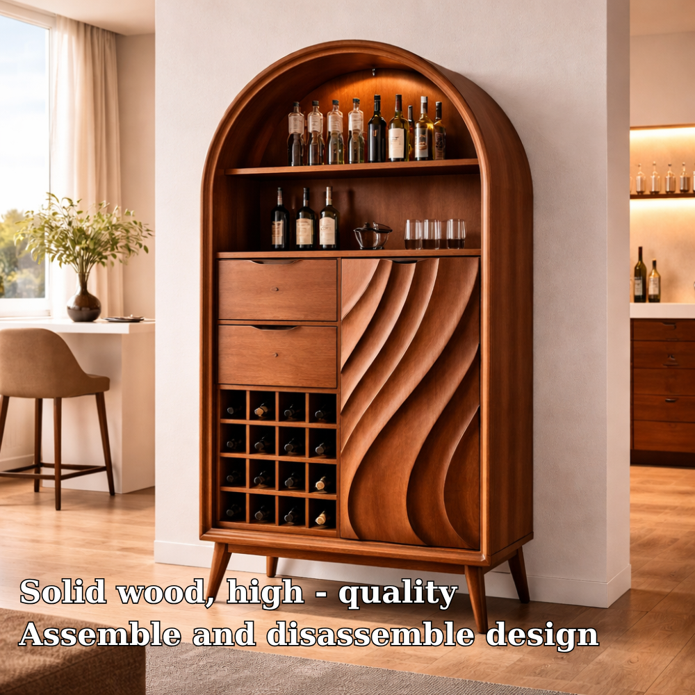 Arched Solid Wood Bar Cabinet with Wine Rack & Sculpted Door – Mid Century Modern Bar Storage