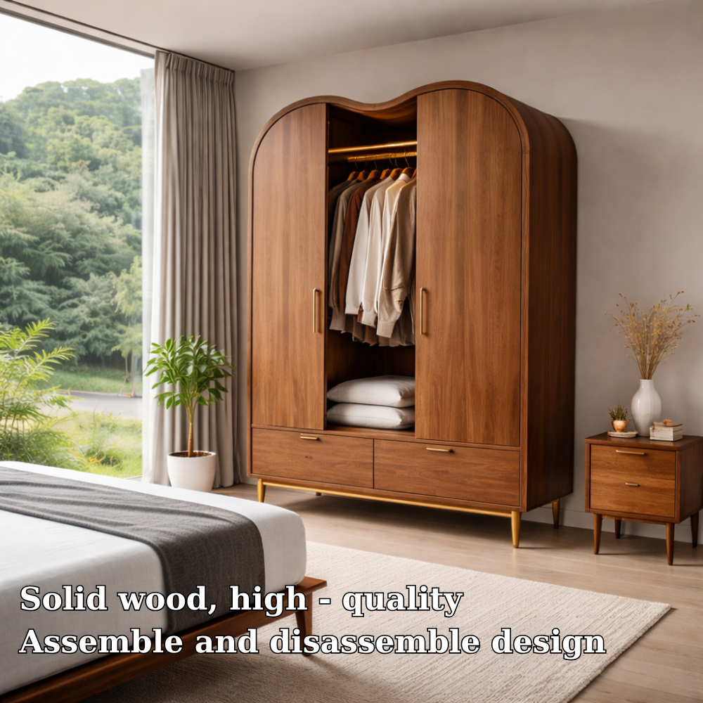 Solid Wood Wardrobe with Curved Top and Drawers – Modern Bedroom Closet