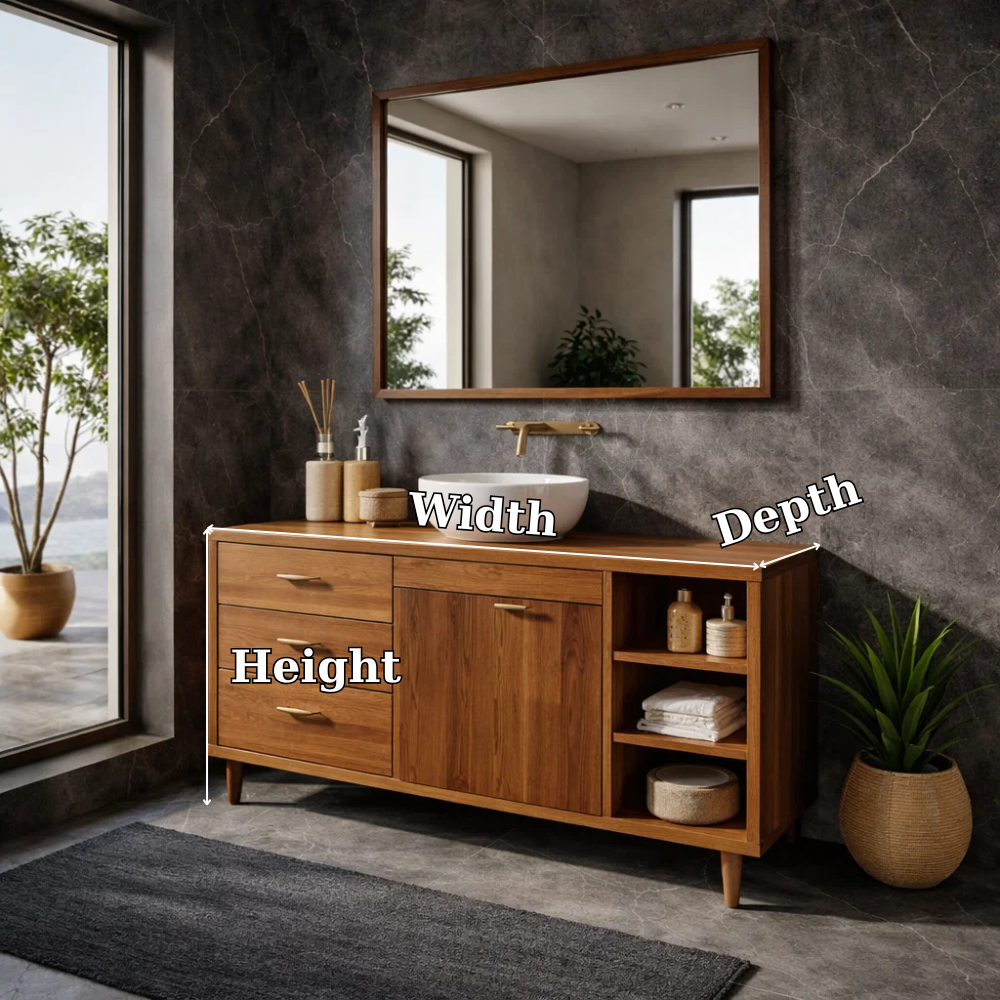 Solid Wood Bathroom Vanity with Drawers, Cabinet & Open Shelf – Mid Century Walnut Vanity