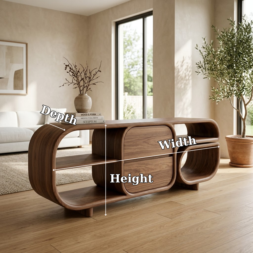 Mid-Century Modern Walnut Console Table - Curved Wood TV Stand with Open Shelving