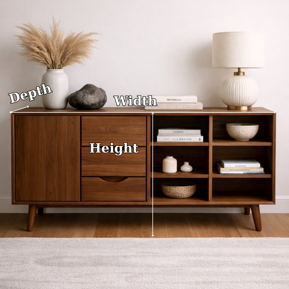 Modern Console Cabinet with Drawers, Door and Display Shelves