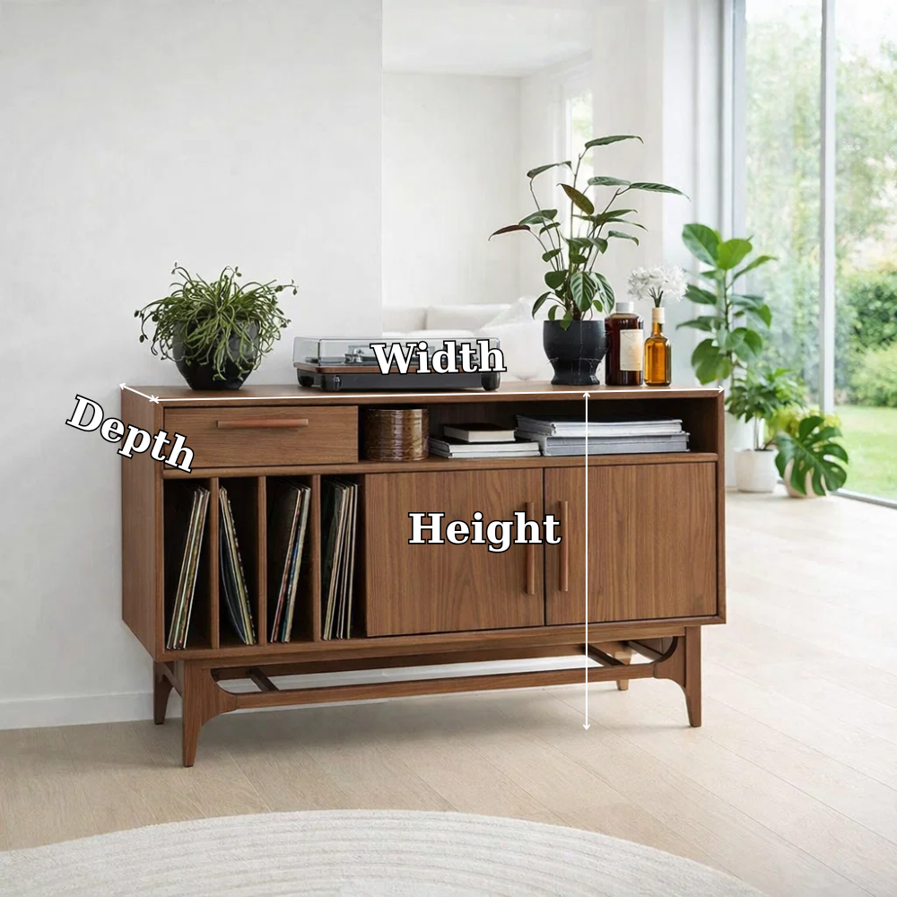 Vinyl Record Storage Sideboard Cabinet with Open Shelf and Drawer – Media Console
