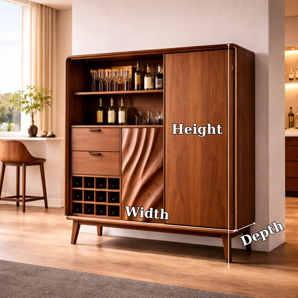 Solid Wood Bar Cabinet with Wine Rack & Storage Drawers – Mid Century Modern Liquor Cabinet