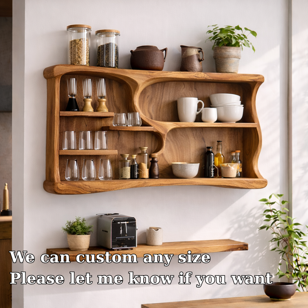 Solid Wood Kitchen Cabinet Shelf – Curved Open Wall Storage for Modern Kitchens