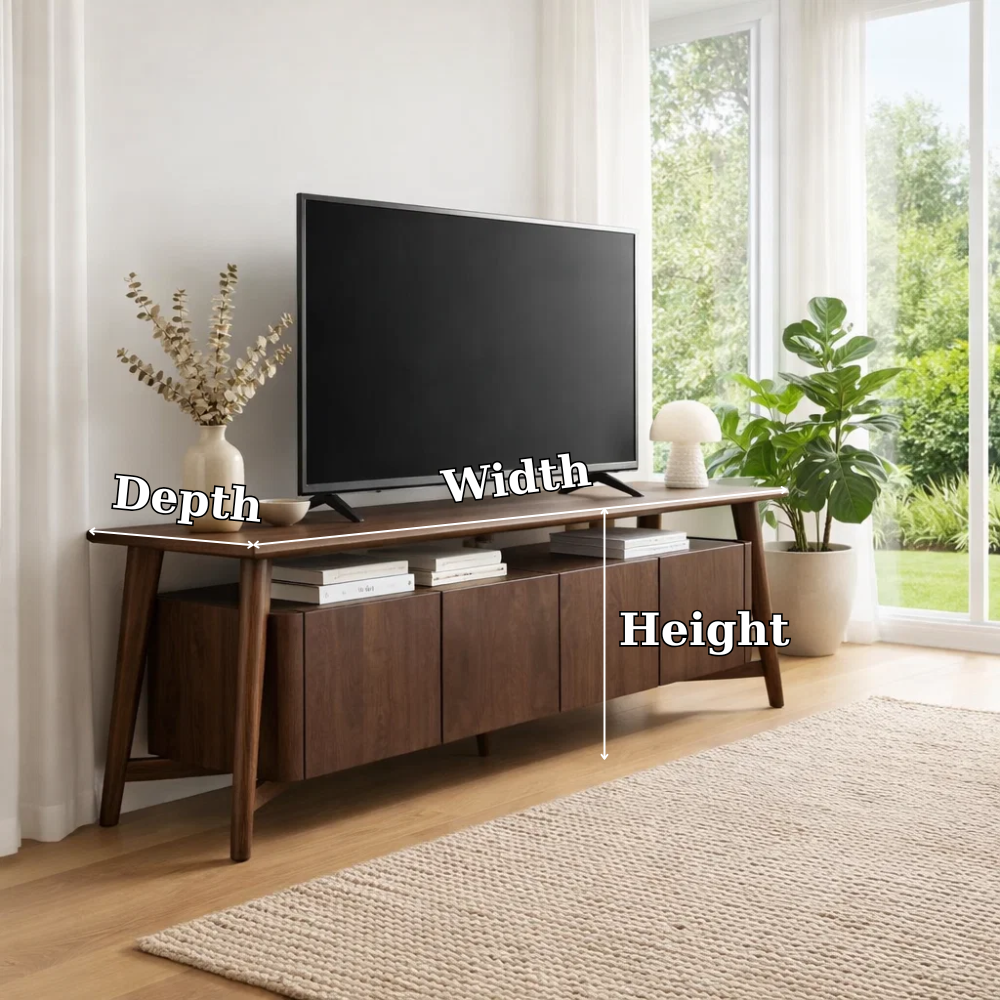 Mid Century Solid Wood TV Console with Cabinets & Open Storage Shelf