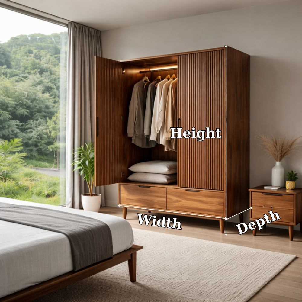 Solid Wood Wardrobe with Slatted Doors and Drawers – Modern Bedroom Closet