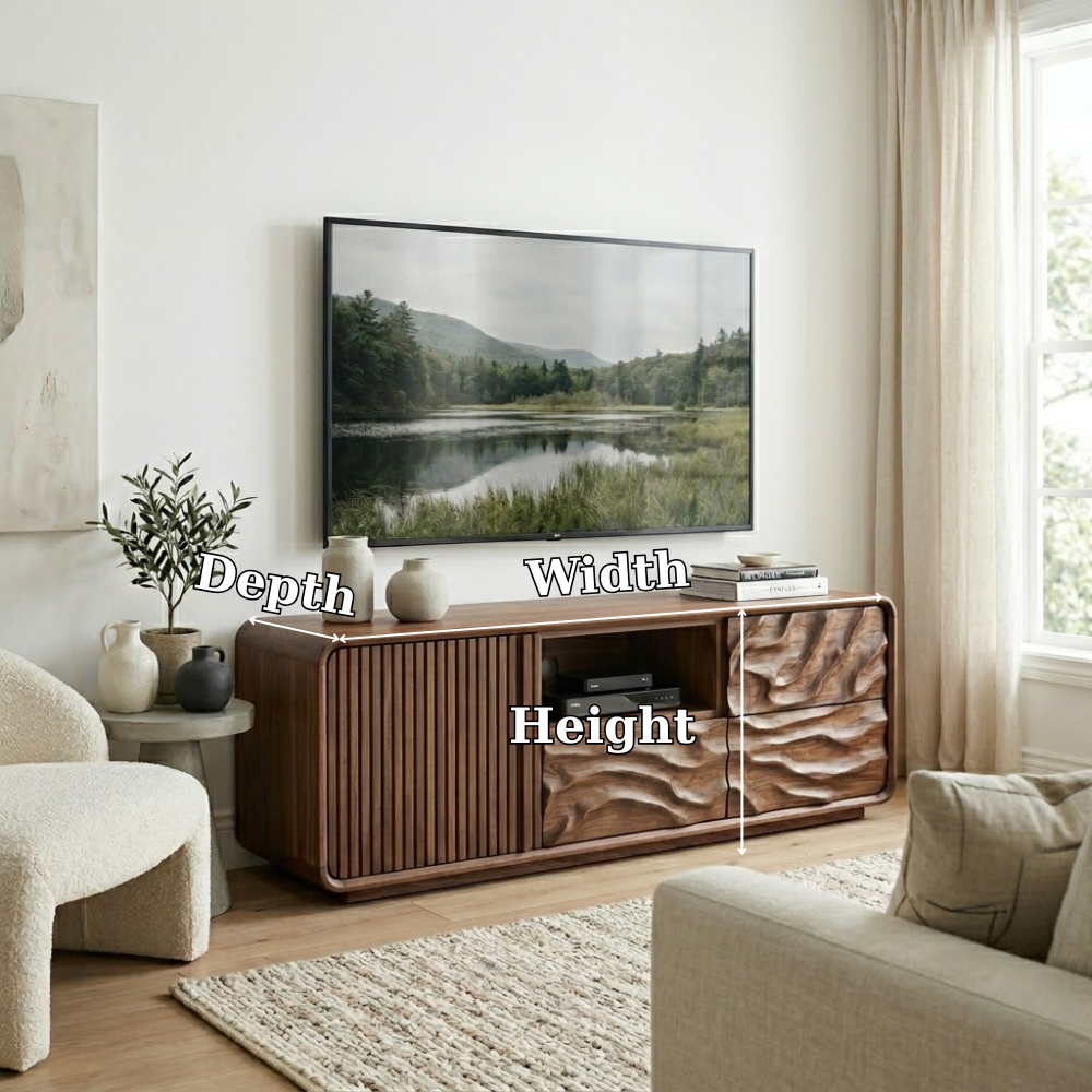 Solid Wood Media Console with Fluted & Carved Doors, Modern TV Stand with Storage