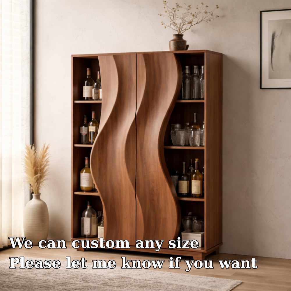 Solid Wood Bar Cabinet with Sculpted Wave Doors and Open Bottle Storage