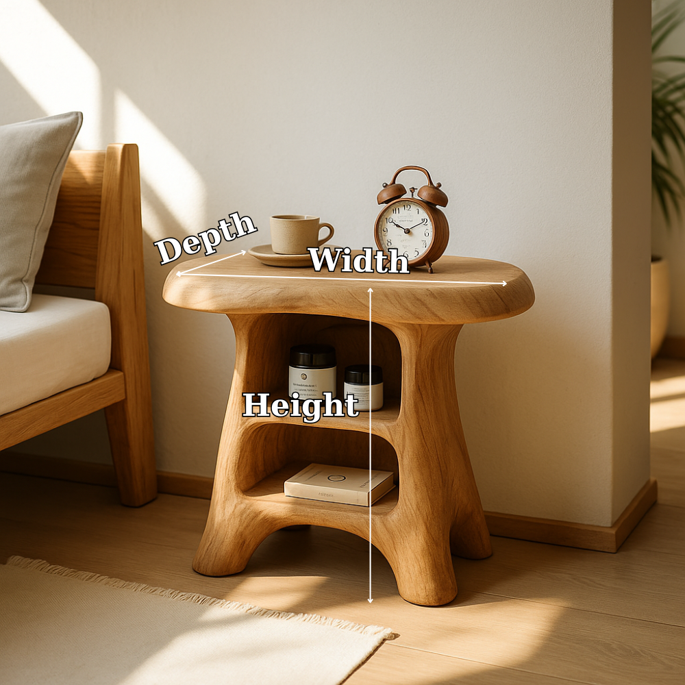 Handcrafted Solid Wood Nightstand – Organic Curved Bedside Table with Open Storage Kitchnce