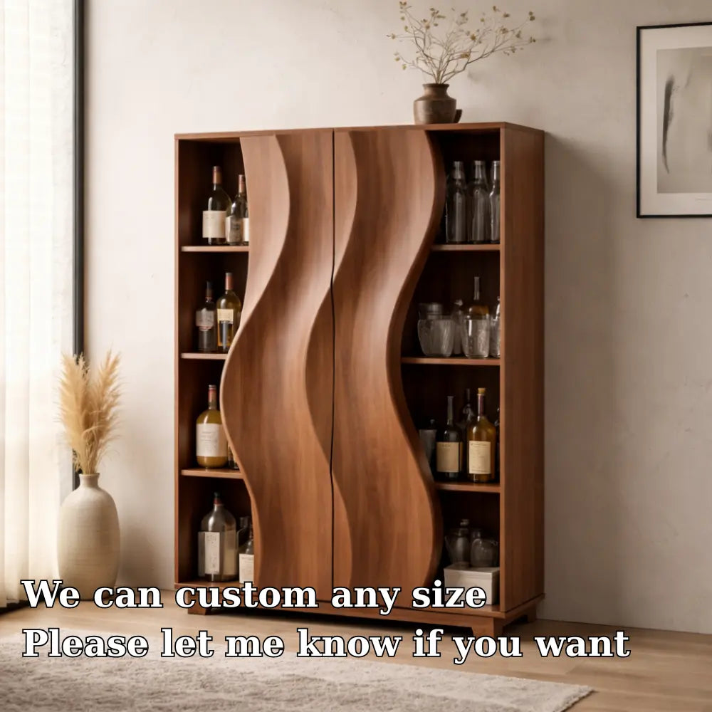 Solid Wood Bar Cabinet with Sculpted Wave Doors and Open Bottle Storage Kitchnce