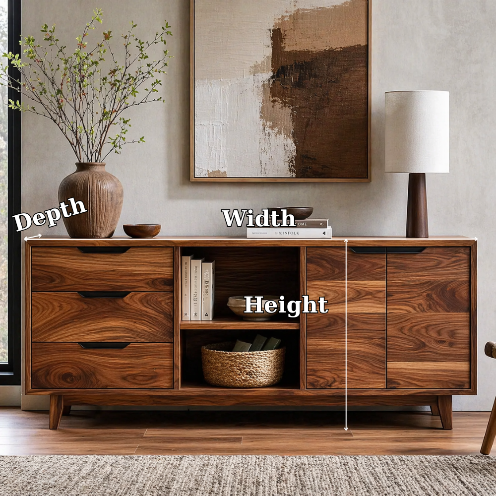 Modern Solid Wood Sideboard Cabinet with Drawers, Doors & Open Shelf Storage
