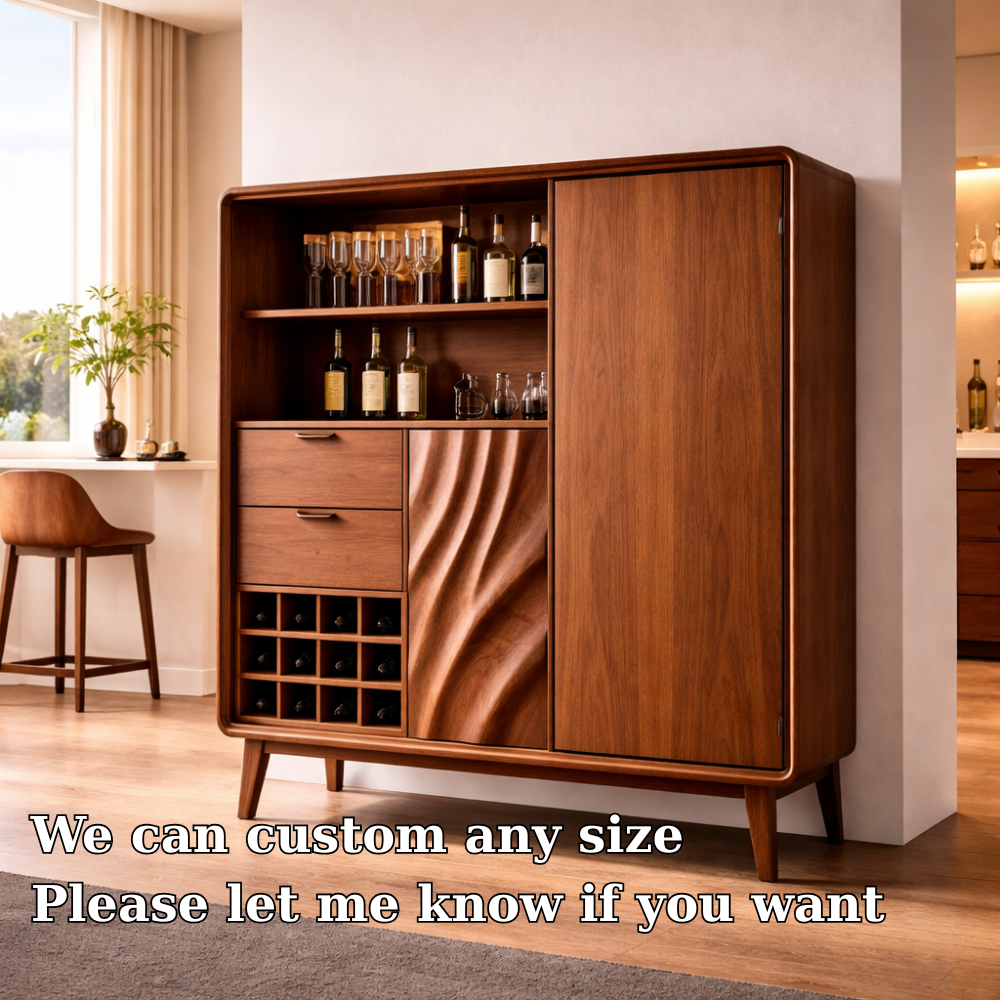 Solid Wood Bar Cabinet with Wine Rack & Storage Drawers – Mid Century Modern Liquor Cabinet