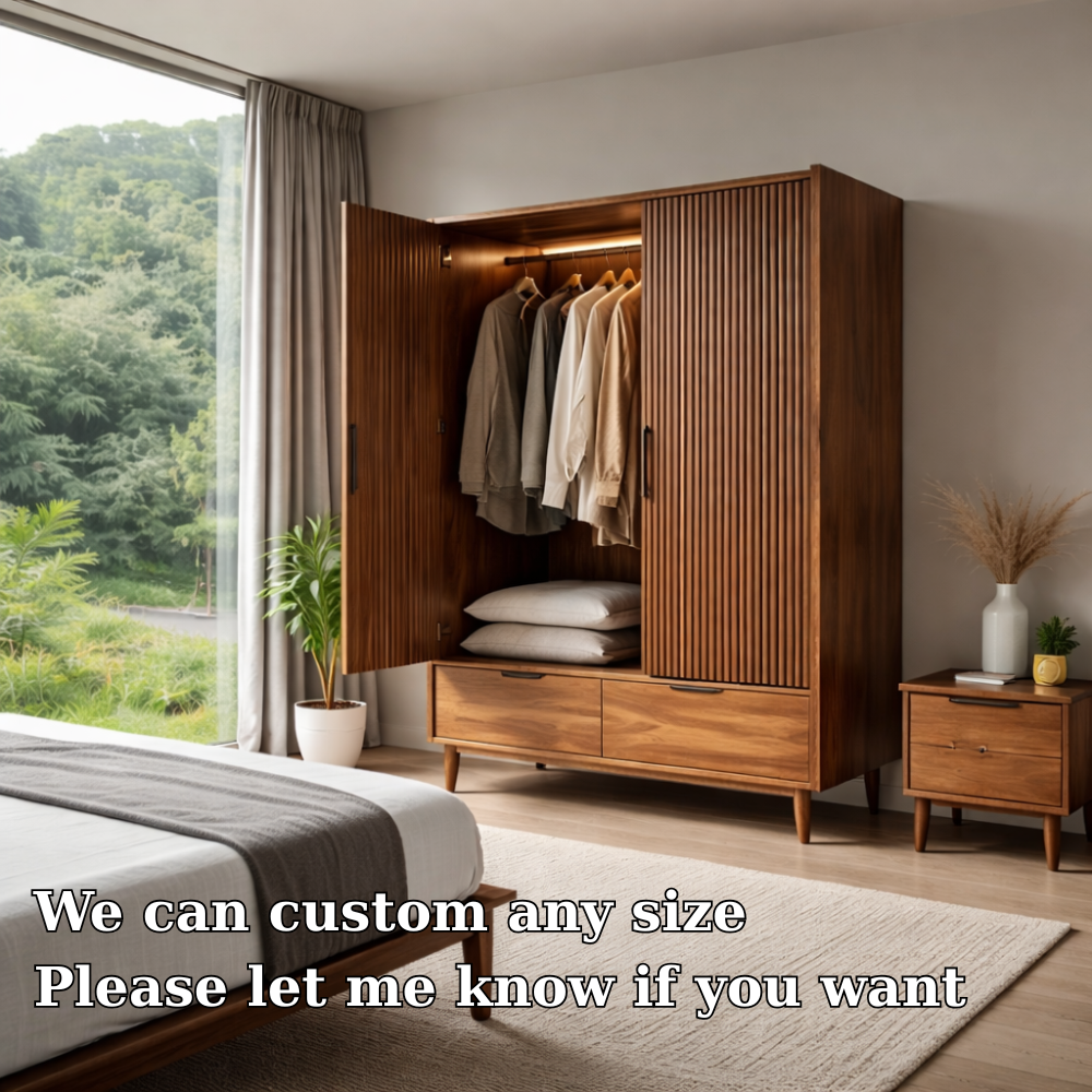 Solid Wood Wardrobe with Slatted Doors and Drawers – Modern Bedroom Closet