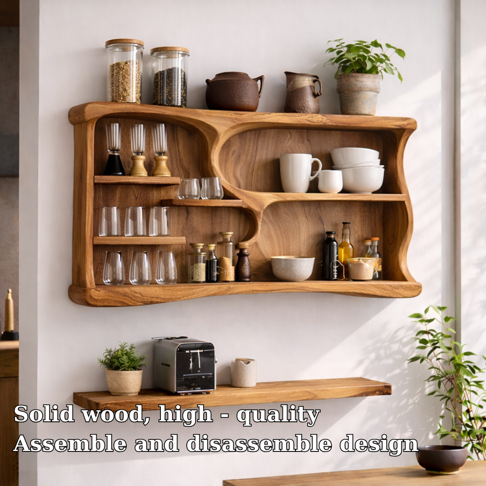 Solid Wood Kitchen Cabinet Shelf – Curved Open Wall Storage for Modern Kitchens