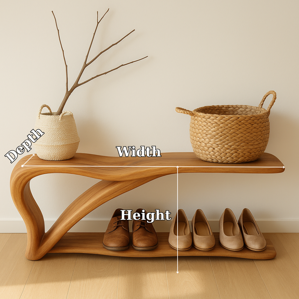Sculptural Wooden Shoe Storage Bench – Solid Wood Entryway Bench with Shelf Kitchnce