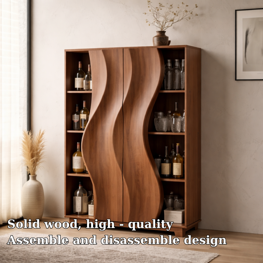 Solid Wood Bar Cabinet with Sculpted Wave Doors and Open Bottle Storage