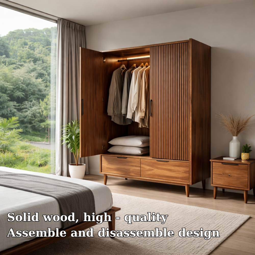 Solid Wood Wardrobe with Slatted Doors and Drawers – Modern Bedroom Closet