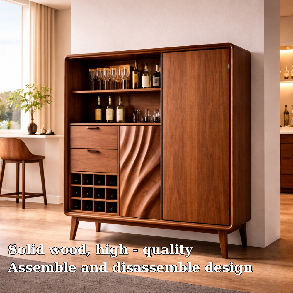 Solid Wood Bar Cabinet with Wine Rack & Storage Drawers – Mid Century Modern Liquor Cabinet
