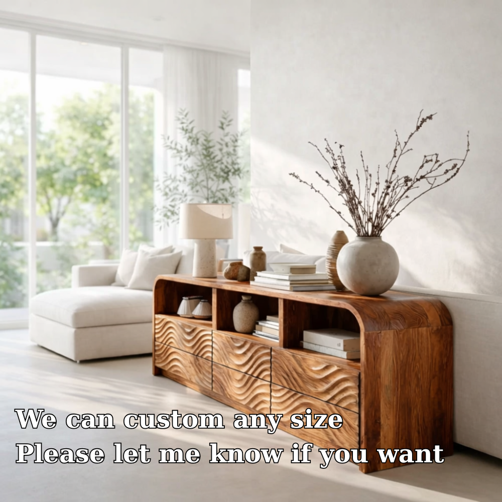 Solid Wood Sideboard Console with Wave Carved Drawers & Open Shelf Cabinet