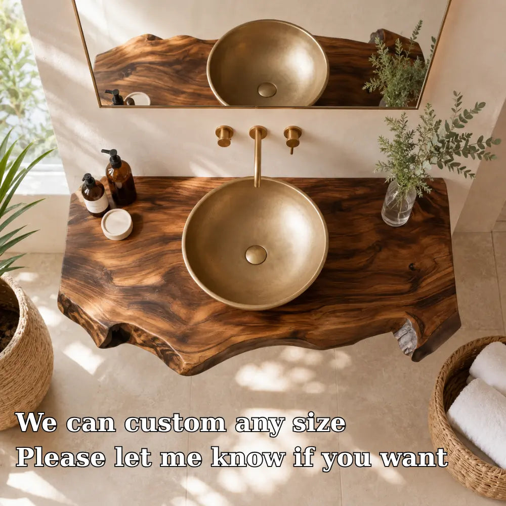 Dark Walnut Live Edge Vanity Shelf | Solid Wood Floating Bathroom Counter Kitchnce
