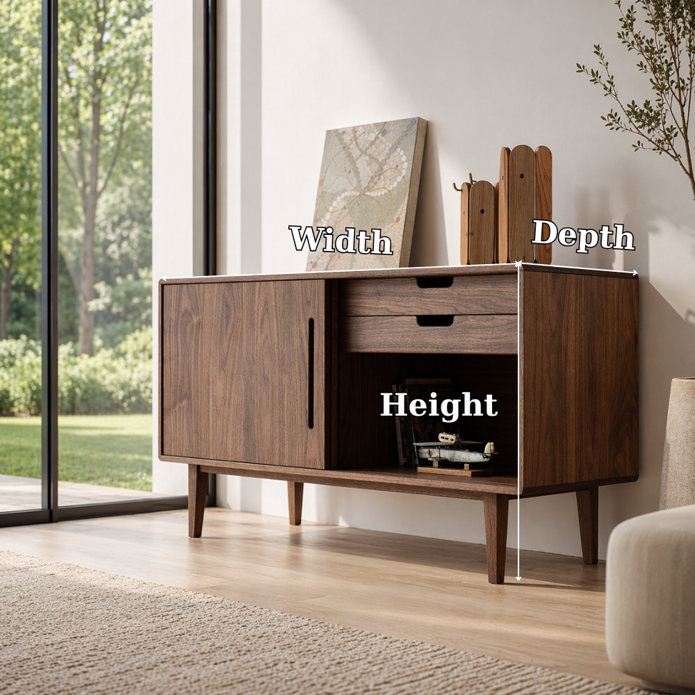 Solid Wood Console Sideboard with Open Shelf – Modern Walnut Storage Cabinet