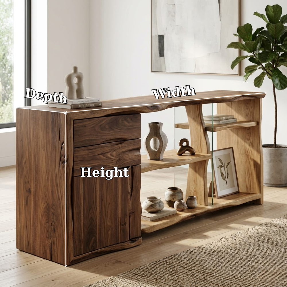 Live Edge Solid Wood Console Cabinet - Modern Rustic Sideboard with Glass Shelving