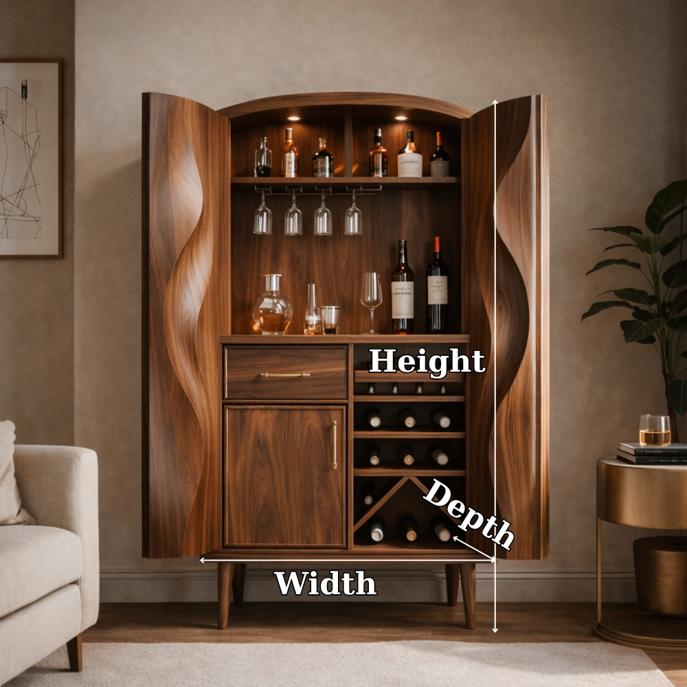Solid Wood Bar Cabinet with Wine Storage, Glass Rack & Sculpted Wave Doors