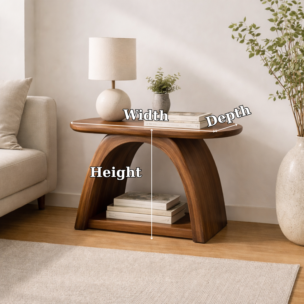 Solid Wood Curved Arch End Table with Shelf – Modern Walnut Side Table for Living Room Kitchnce