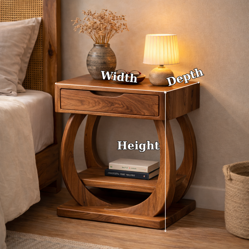 Solid Wood Nightstand with Drawer and Shelf – Modern Sculptural Bedside Table Kitchnce