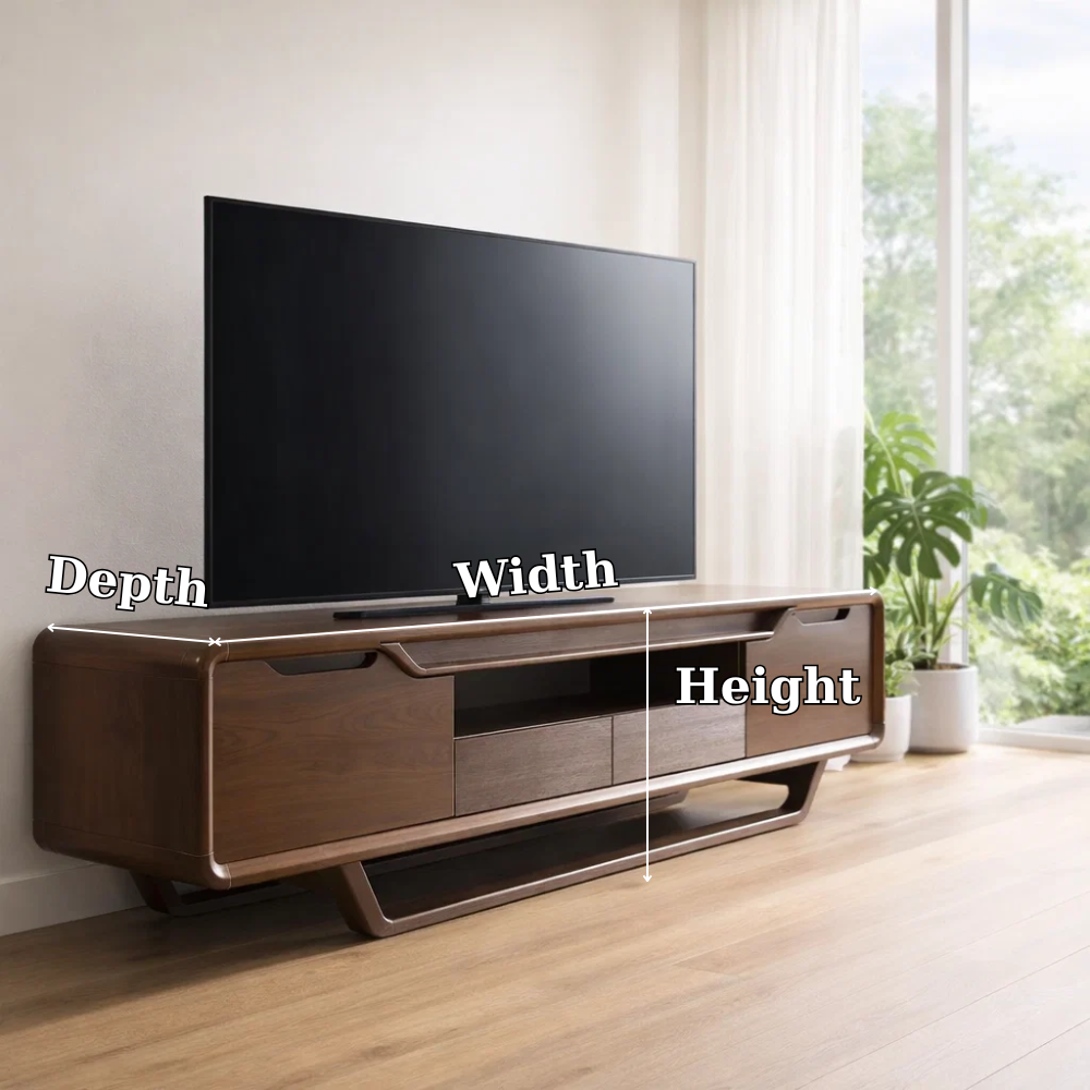 Modern Solid Wood TV Console with Curved Edges & Storage Cabinets