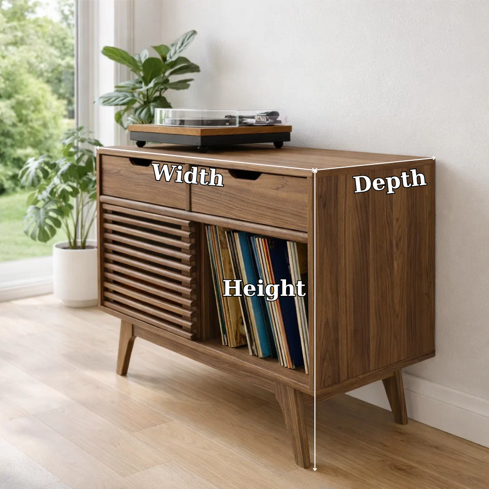 Mid Century Record Player Sideboard Cabinet with Slatted Door – Vinyl Storage Console