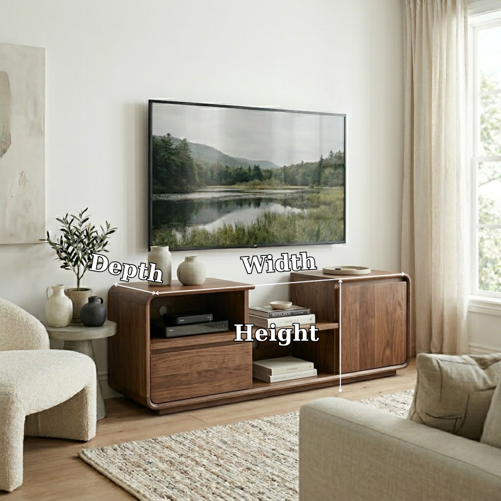 Solid Wood Media Console with Rounded Edges, Modern TV Stand with Storage Cabinet