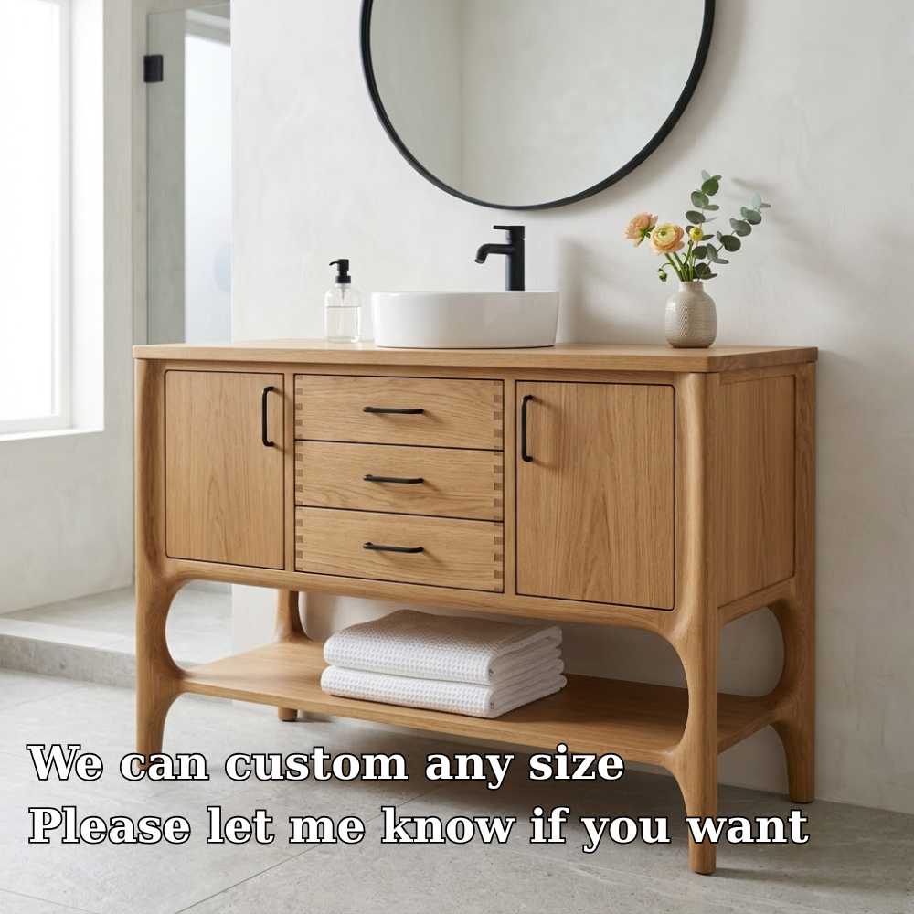 Solid Wood Bathroom Vanity with Drawers & Open Shelf – Modern Natural Base