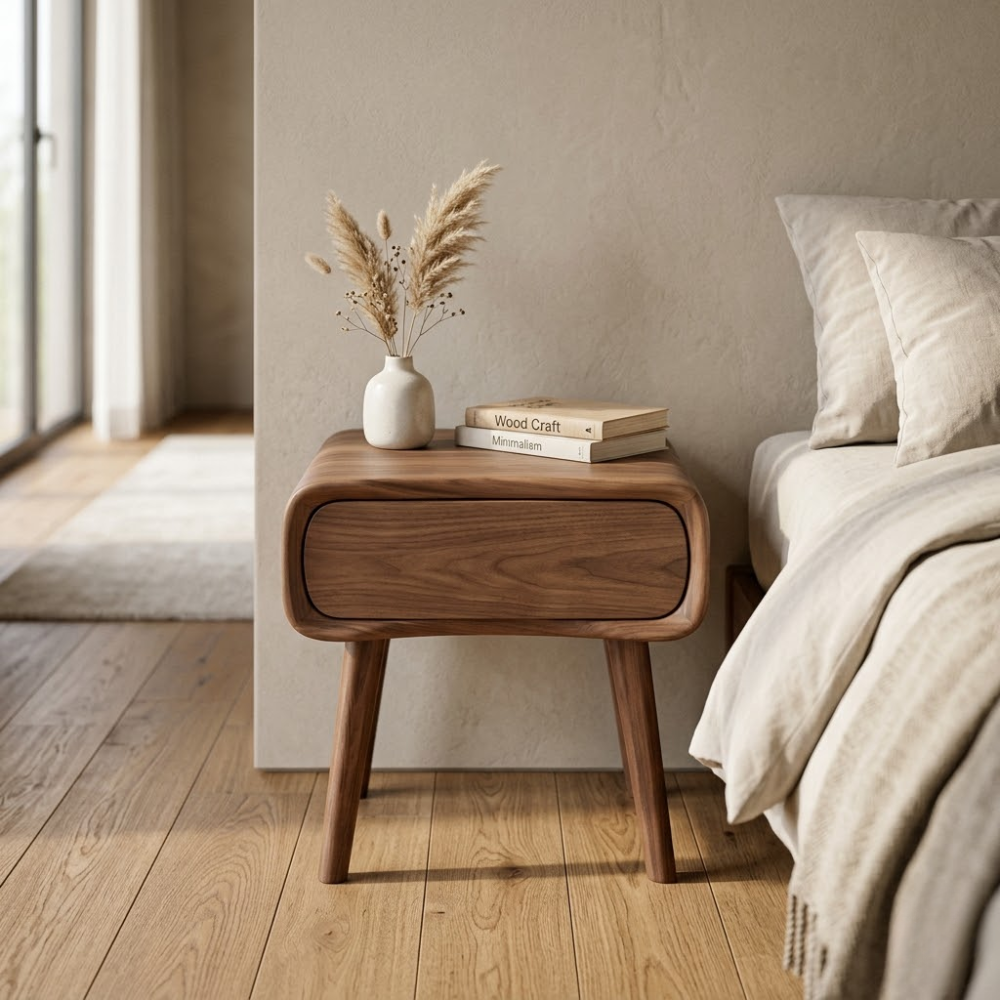 Mid-Century Walnut Nightstand with Drawer – Modern Wooden Bedside Table