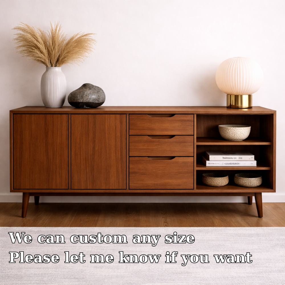 Mid-Century Solid Wood Console Cabinet with Drawers, Doors and Open Shelf