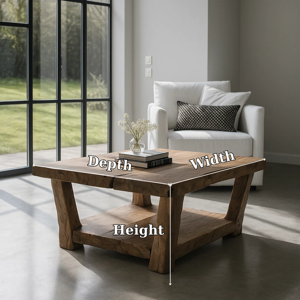 Handcrafted Solid Wood Coffee Table – Rustic Square Design with Natural Live Edge Finish Kitchnce