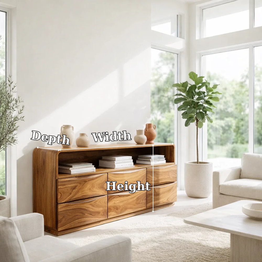 Solid Wood Sideboard Console with Wave Drawers & Open Shelf Storage Cabinet
